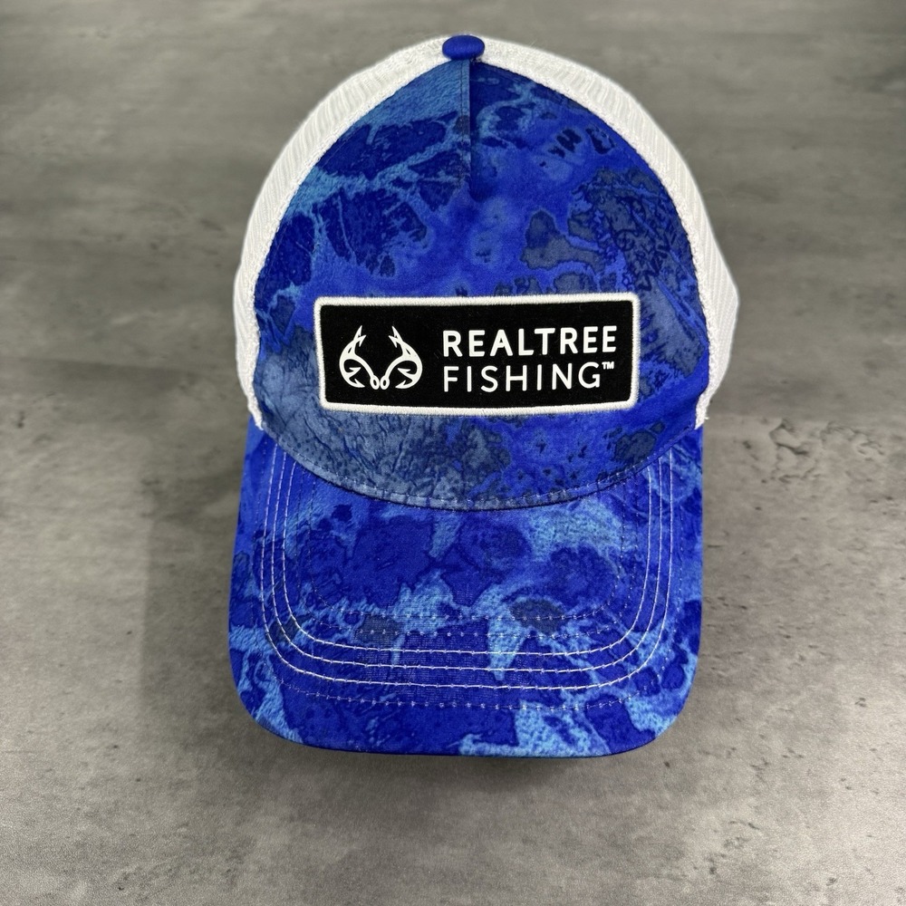 Realtree Fishing Hat Blue Black White Mesh Trucker‎ Cap L/XL Stretch Fitted